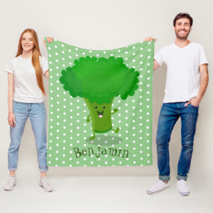 Cute kawaii dancing broccoli cartoon illustration fleece blanket