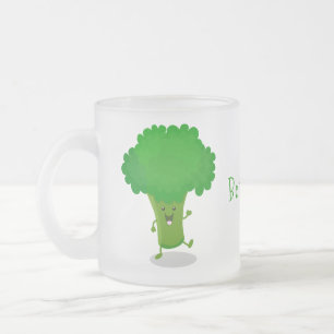 Cute kawaii dancing broccoli cartoon illustration frosted glass coffee mug