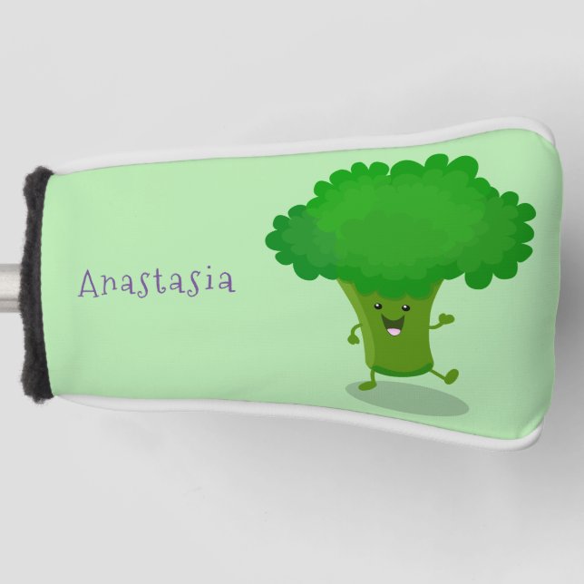 Cute kawaii dancing broccoli cartoon illustration golf head cover (Front)