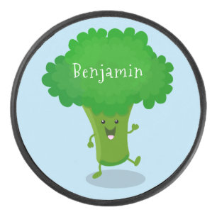 Cute kawaii dancing broccoli cartoon illustration hockey puck
