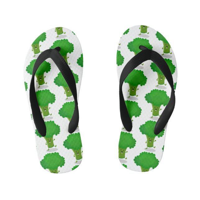 Cute kawaii dancing broccoli cartoon illustration kid's flip flops (Footbed)