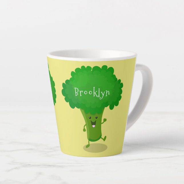 Cute kawaii dancing broccoli cartoon illustration latte mug (Right Angle)