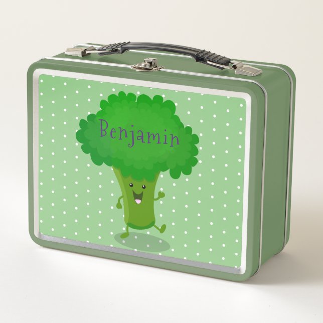 Cute kawaii dancing broccoli cartoon illustration metal lunch box (Front)