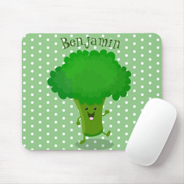 Cute kawaii dancing broccoli cartoon illustration mouse mat (With Mouse)