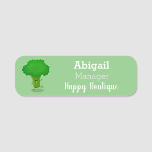 Cute kawaii dancing broccoli cartoon illustration  name tag