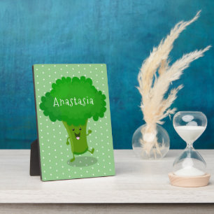 Cute kawaii dancing broccoli cartoon illustration plaque