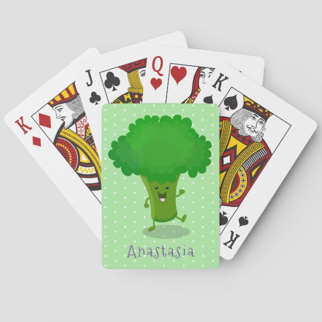 Cute kawaii dancing broccoli cartoon illustration playing cards (Back)