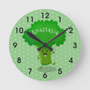 Cute kawaii dancing broccoli cartoon illustration round clock