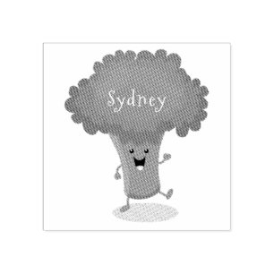 Cute kawaii dancing broccoli cartoon illustration rubber stamp