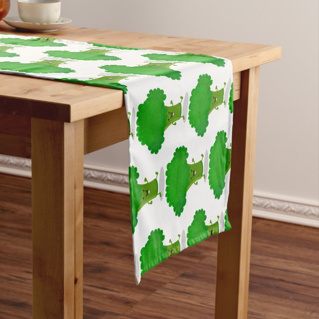 Cute kawaii dancing broccoli cartoon illustration short table runner (In Situ)