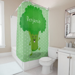 Cute kawaii dancing broccoli cartoon illustration shower curtain