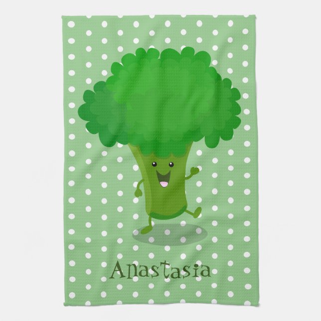 Cute kawaii dancing broccoli cartoon illustration tea towel (Vertical)
