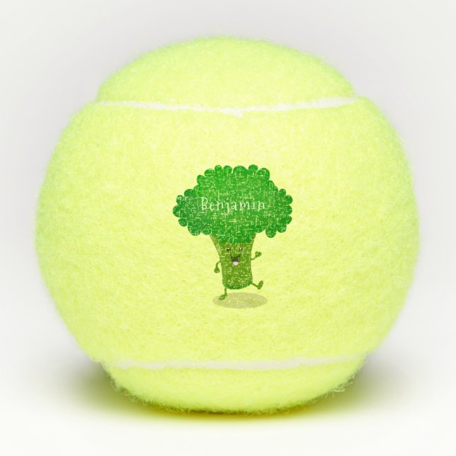 Cute kawaii dancing broccoli cartoon illustration tennis balls (Front)