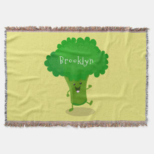 Cute kawaii dancing broccoli cartoon illustration throw blanket
