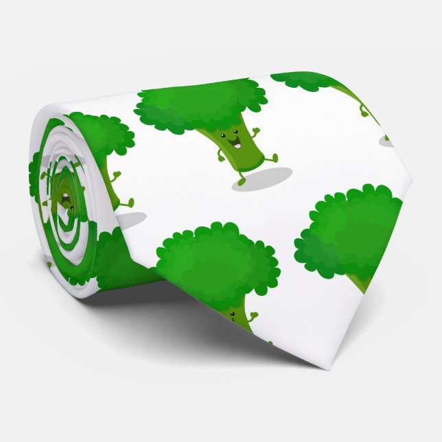 Cute kawaii dancing broccoli cartoon illustration tie (Rolled)