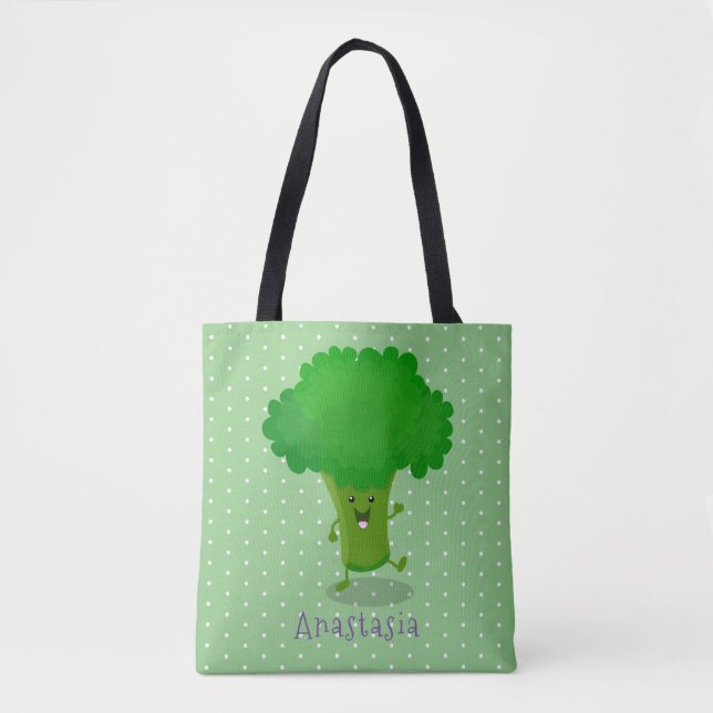 Cute kawaii dancing broccoli cartoon illustration tote bag (Front)
