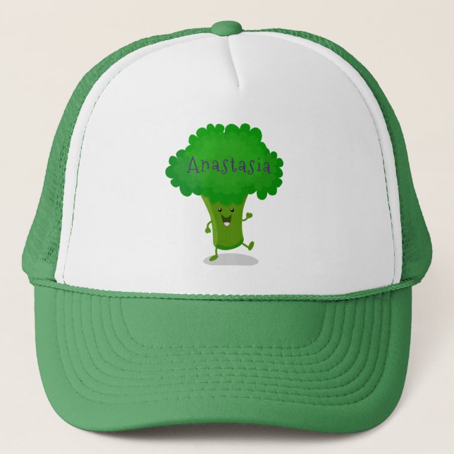 Cute kawaii dancing broccoli cartoon illustration trucker hat (Front)