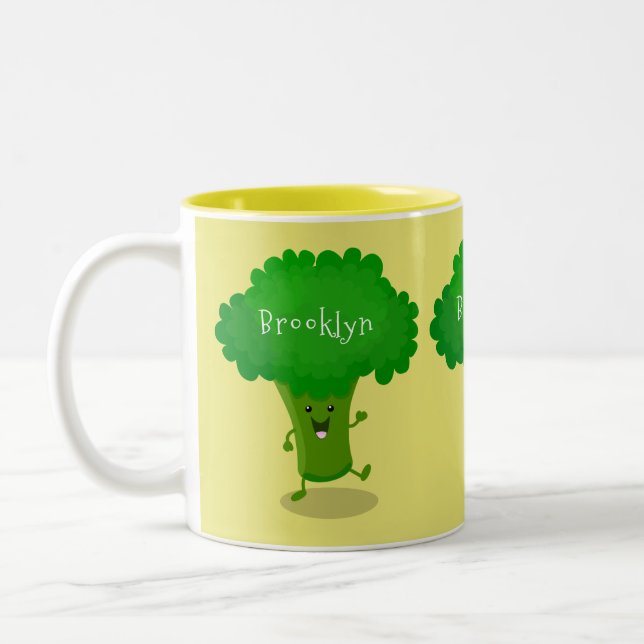 Cute kawaii dancing broccoli cartoon illustration Two-Tone coffee mug (Left)