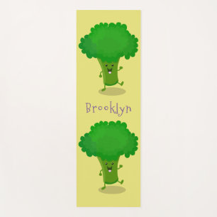 Cute kawaii dancing broccoli cartoon illustration yoga mat