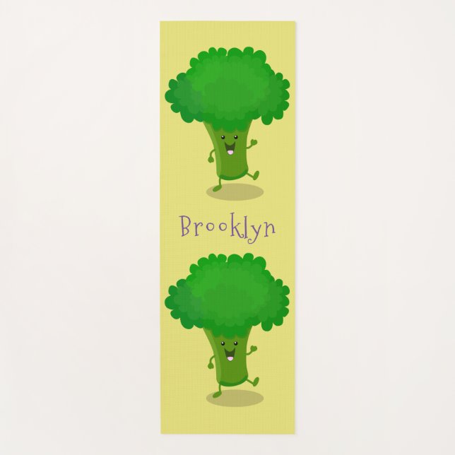 Cute kawaii dancing broccoli cartoon illustration yoga mat (Front)