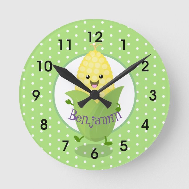 Cute kawaii dancing ear of corn cartoon round clock (Front)