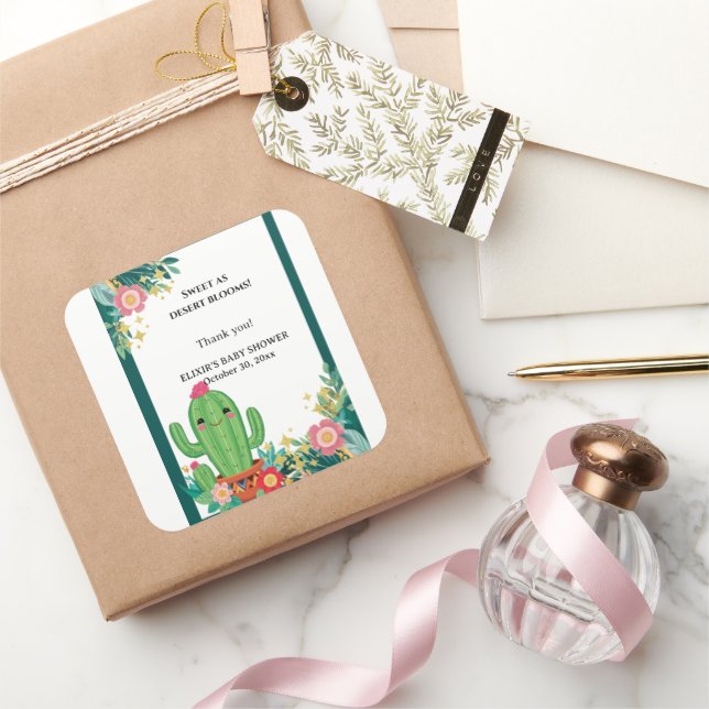 Cute Kawaii Desert Bloom Floral Cactus Baby Shower Square Sticker (Gifting)