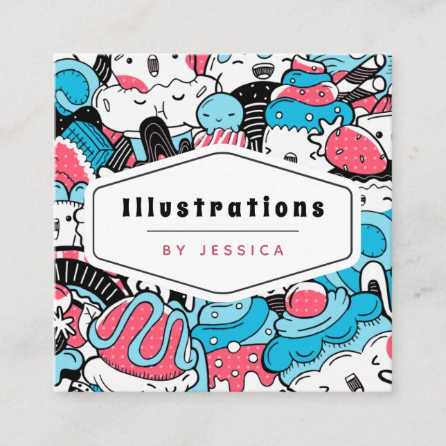 Cute Kawaii Dessert Pattern Graphic Designer Sweet Square Business Card (Front)