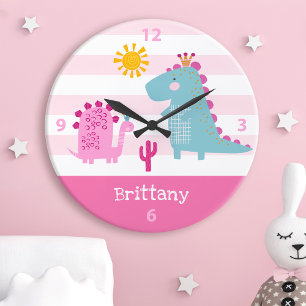 Cute Kawaii Dinosaur Girl Pink Nursery Custom Name Large Clock