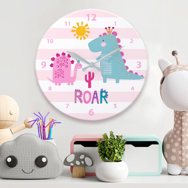 Cute Kawaii Dinosaur Girl Pink Nursery Fun Roar Large Clock (Creator Uploaded)
