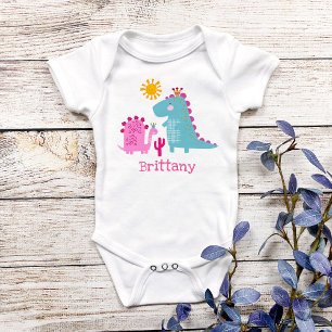 Cute Kawaii Dinosaurs Baby Girl Pink Custom Name Bodysuit