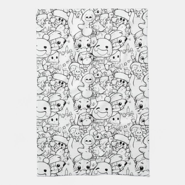 Cute Kawaii Doodle Characters (1) Tea Towel (Vertical)