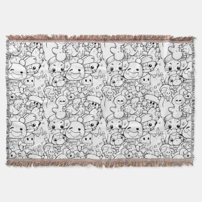 Cute Kawaii Doodle Characters (1) Throw Blanket (Front)