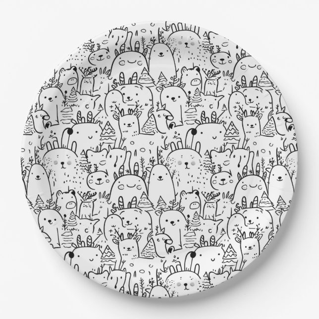 Cute Kawaii Doodle Characters (2) Paper Plate (Front)
