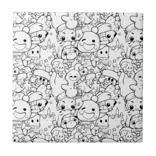 Cute Kawaii Doodle Characters Tile (Front)