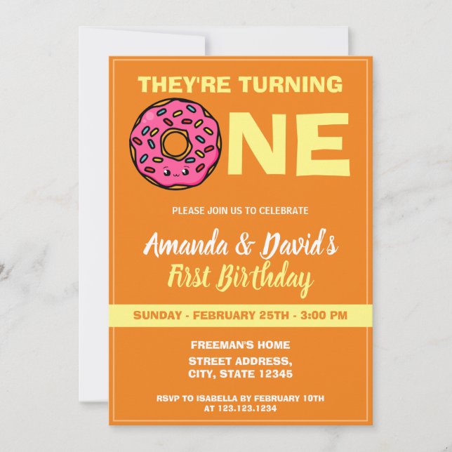 Cute Kawaii Doughnut Orange Joint Twin 1st Birthda Invitation (Front)