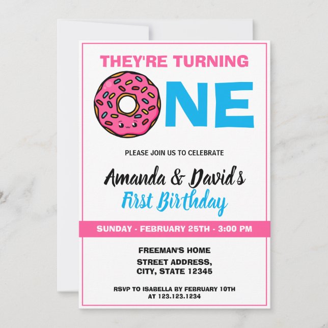 Cute Kawaii Doughnut White Joint Twin 1st Birthday Invitation (Front)