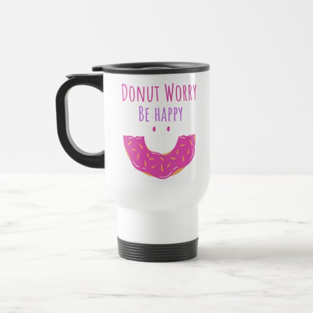 Cute Kawaii Doughnut Worry Be Happy Doughnut Travel Mug (Left)