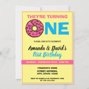 Cute Kawaii Doughnut Yellow Joint Twin 1st Birthda Invitation