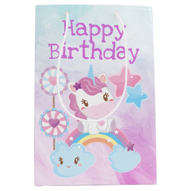 Cute Kawaii Dreamy Unicorn Rainbow Birthday Medium Gift Bag (Front)