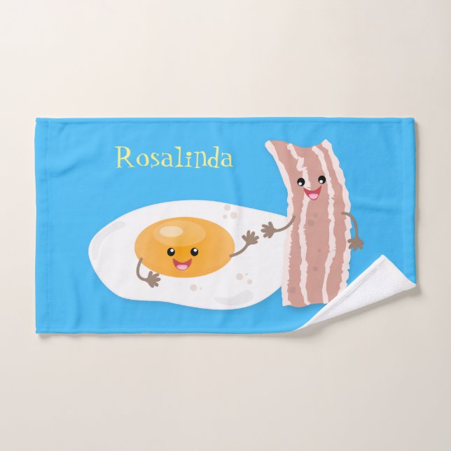 Cute kawaii egg and bacon cartoon illustration bath towel set (Hand Towel)