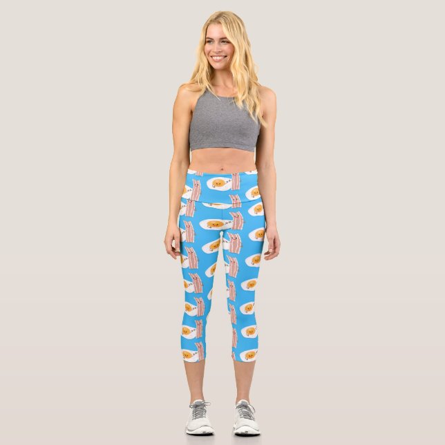 Cute kawaii egg and bacon cartoon illustration capri leggings (Front)