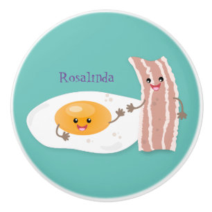 Cute kawaii egg and bacon cartoon illustration ceramic knob