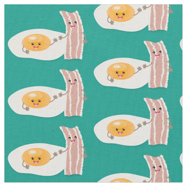 Cute kawaii egg and bacon cartoon illustration fabric (Close Up)