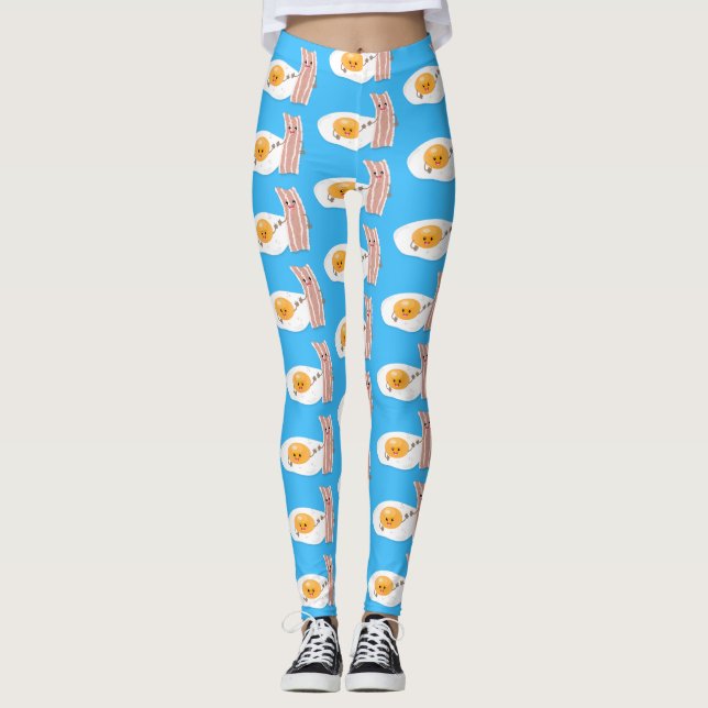 Cute kawaii egg and bacon cartoon illustration leggings (Front)