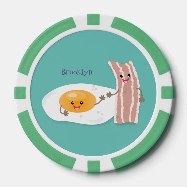 Cute kawaii egg and bacon cartoon illustration poker chips (Front)