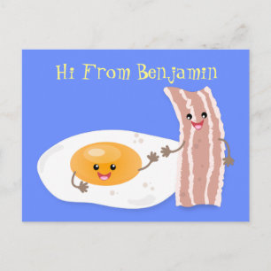 Cute kawaii egg and bacon cartoon illustration postcard