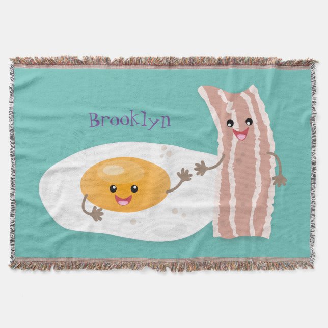Cute kawaii egg and bacon cartoon illustration throw blanket (Front)