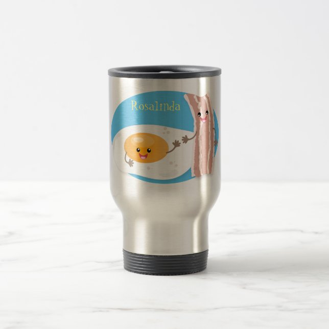 Cute kawaii egg and bacon cartoon illustration travel mug (Center)