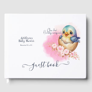 Cute Kawaii Egg Bird Elegant Floral Baby Shower Guest Book