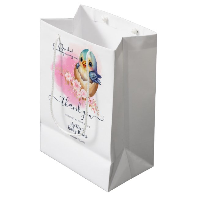 Cute Kawaii Egg Bird Elegant Floral Baby Shower Medium Gift Bag (Front Angled)